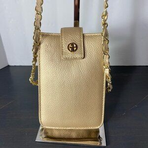 Gold Genuine Leather Mini Crossbody Bag – Chain Strap – Pebbled Leather